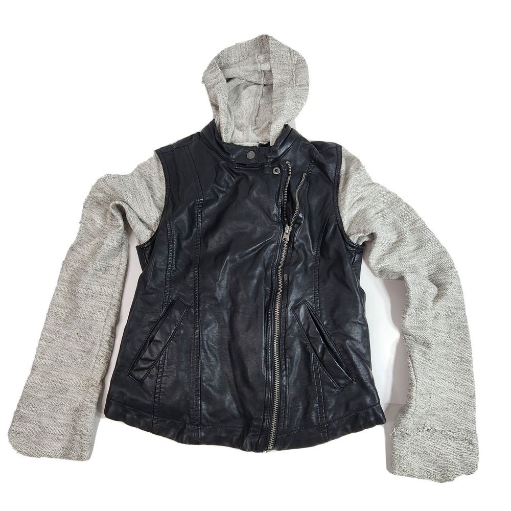 Abercrombie Kids Girls Faux Black Leather Jacket XL (16) sweater hood sleeves